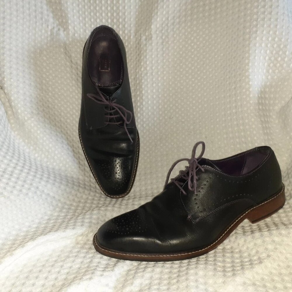 TED BAKER-Marar-Black Leather/Purple Stitching Derby Brogues-Size 10-Excellent